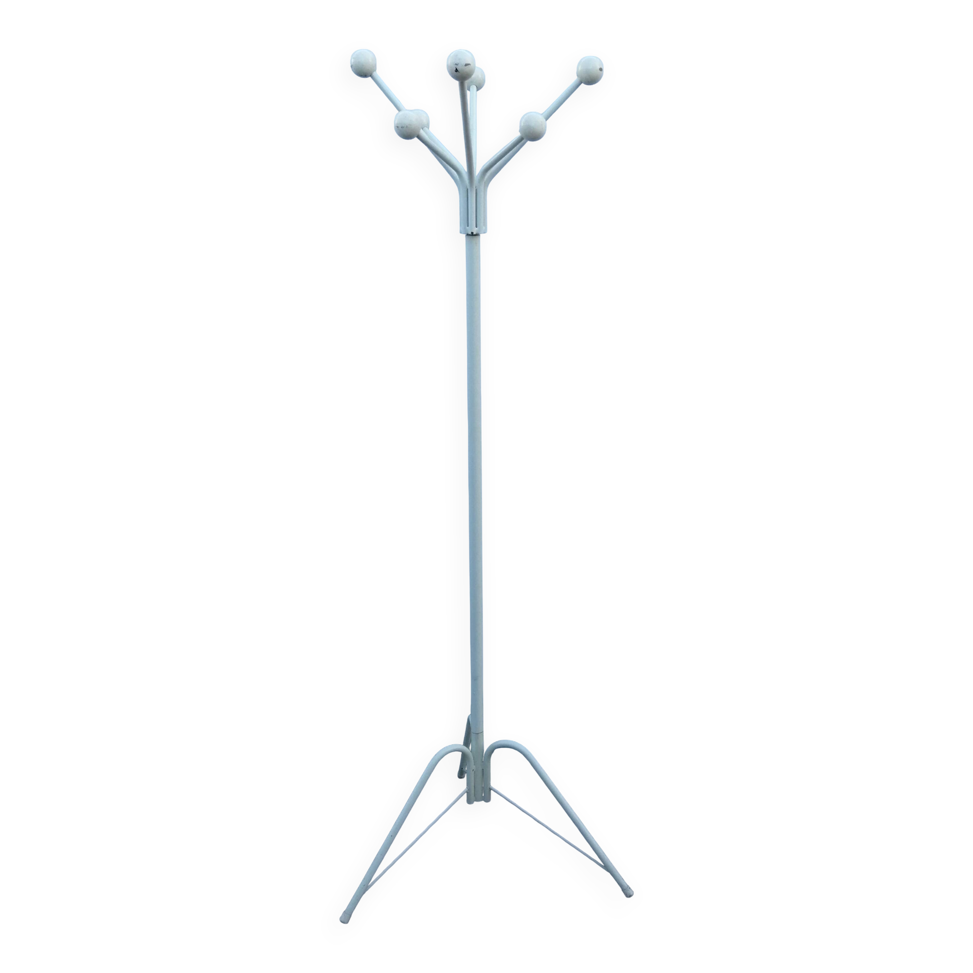 1960s metal parrot coat rack, white, tripod, 8 wooden balls