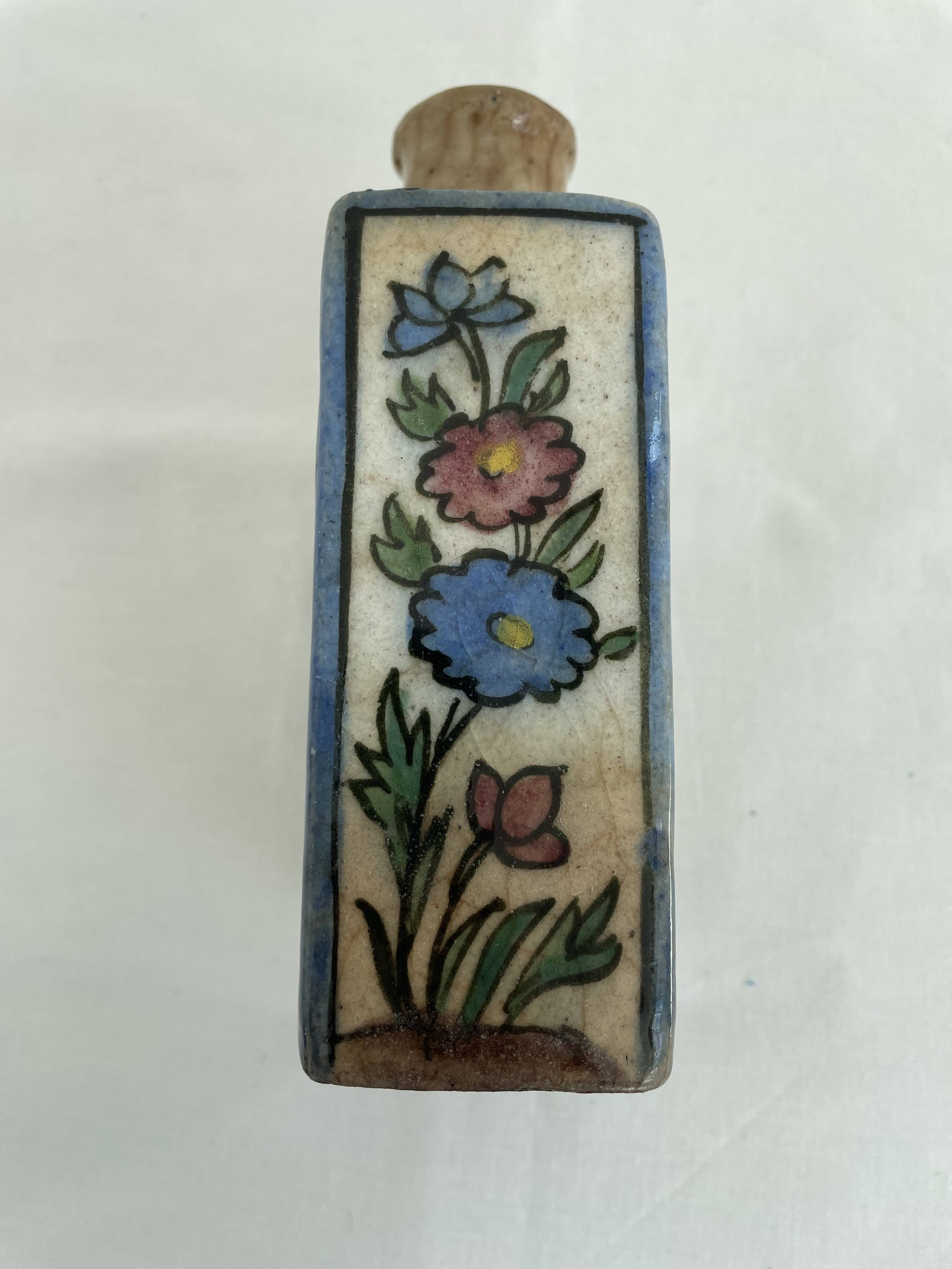 Persian bottle, antique vase with polychrome flower decoration, Kagjar style, antique ceramic