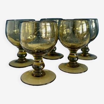 Set of 5 Stemmed glass bubbled glass biot khaki glassware