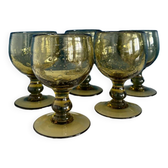 Set of 5 Stemmed glass bubbled glass biot khaki glassware