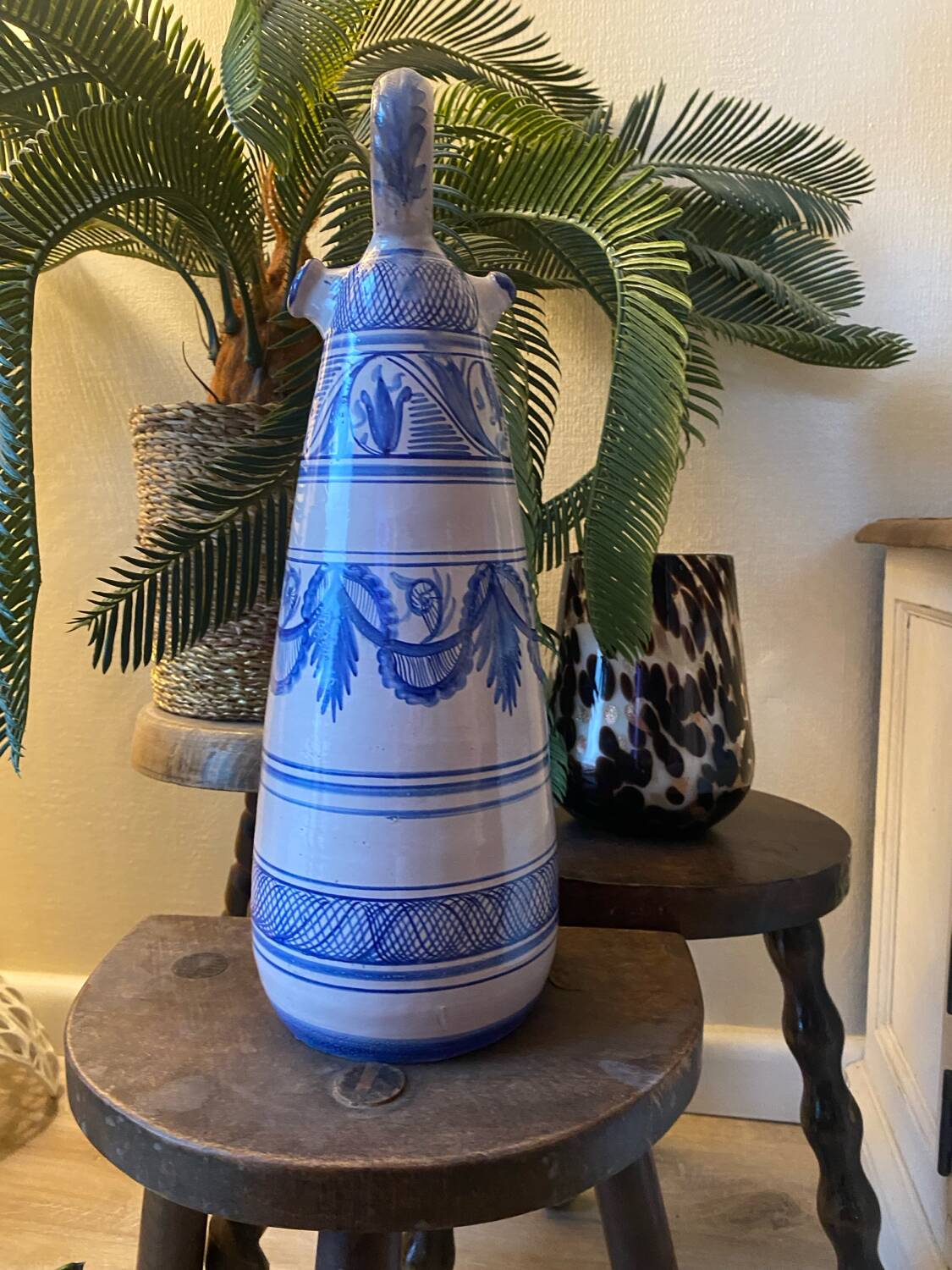Vintage Spanish Hand Painted Glazed Ceramic Vase / Water Jug