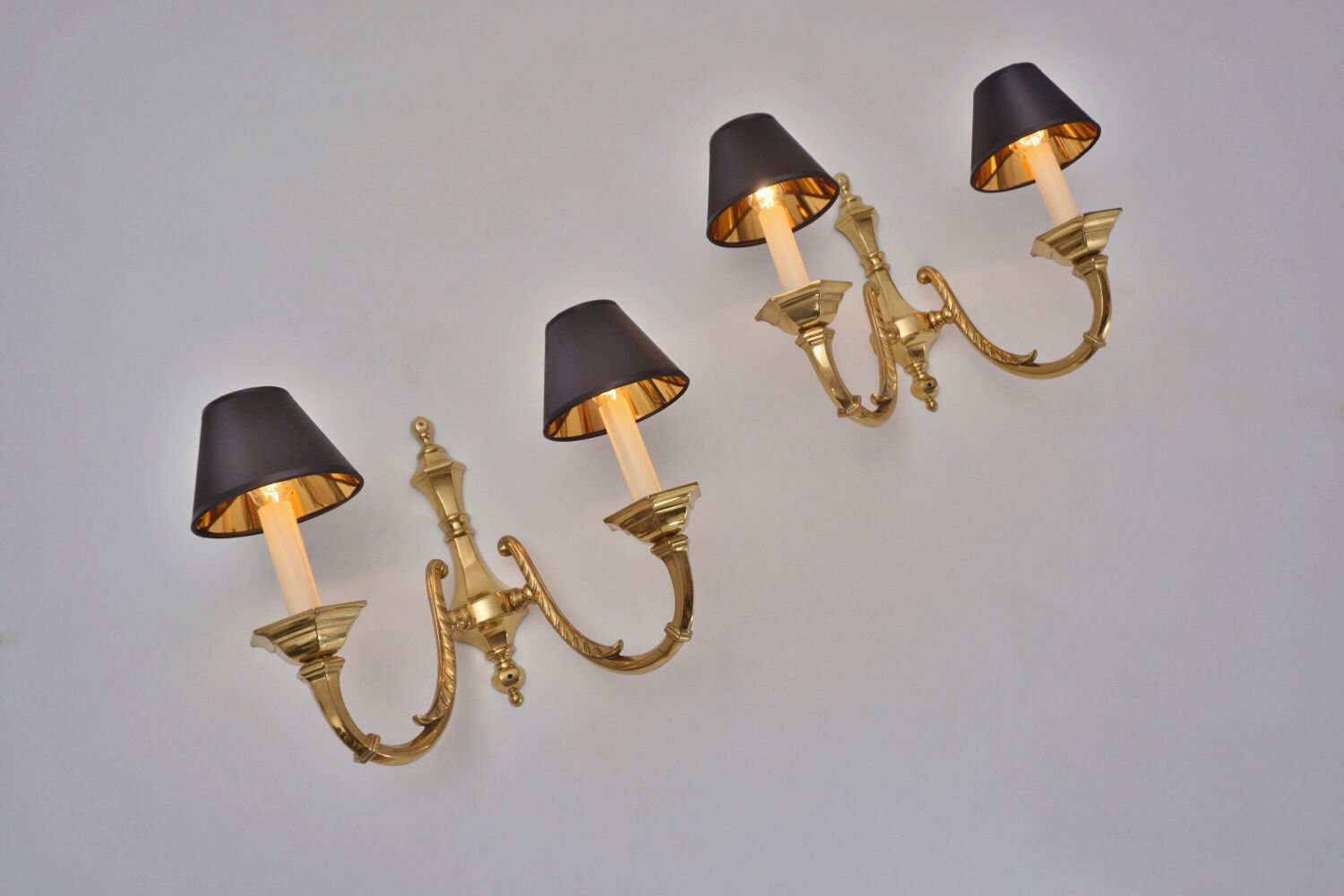 Pair brass wall lights sconces, twin arm, Neoclassical, 1950`s ca, English