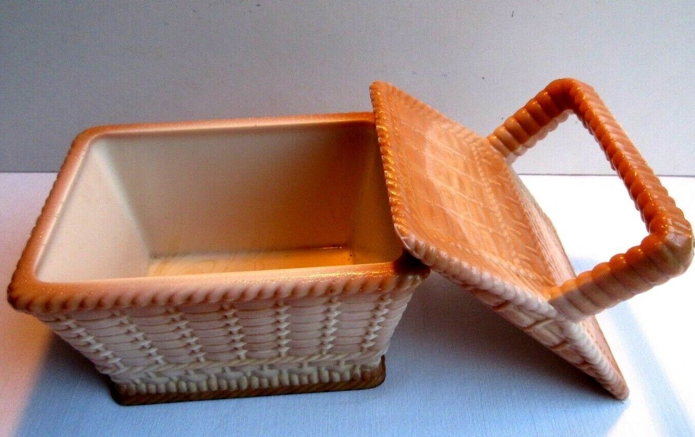 Candy, basket with beige and brown opaline lid, wicker style, PORTIEUX