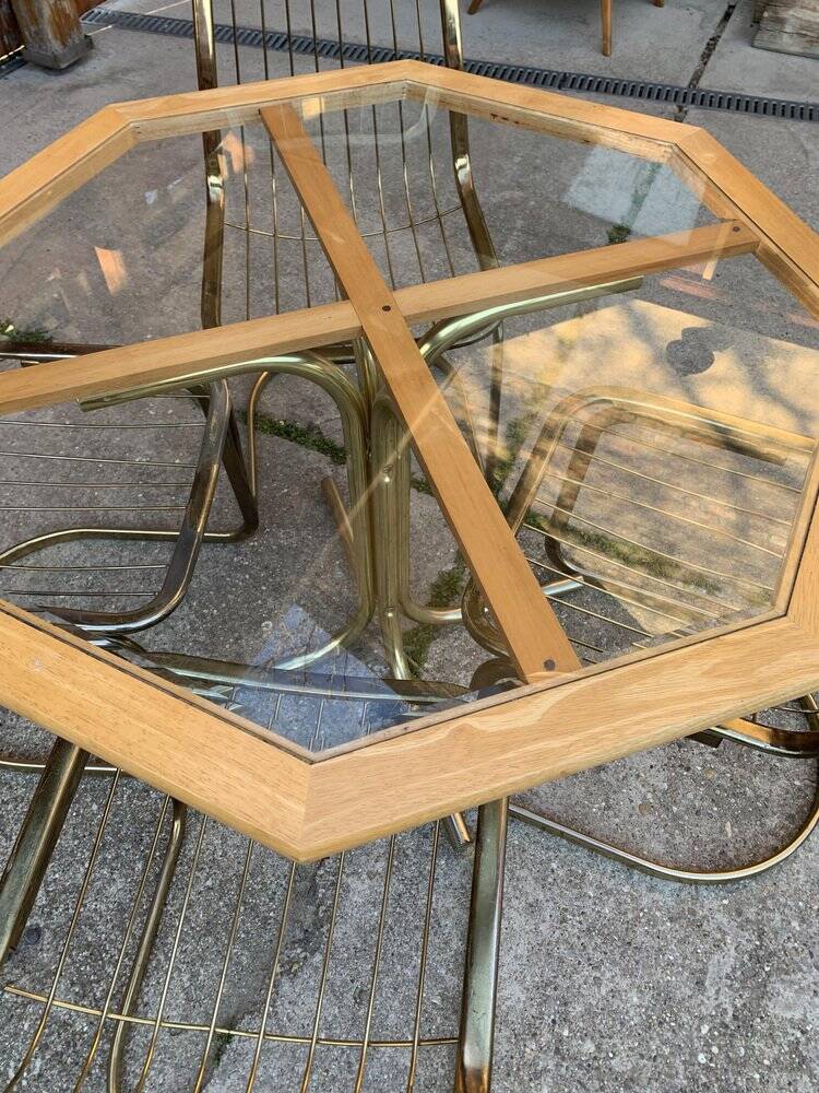 Octagonal glass table set with 4 gold brass cantilever chairs – Gastone Rinaldi