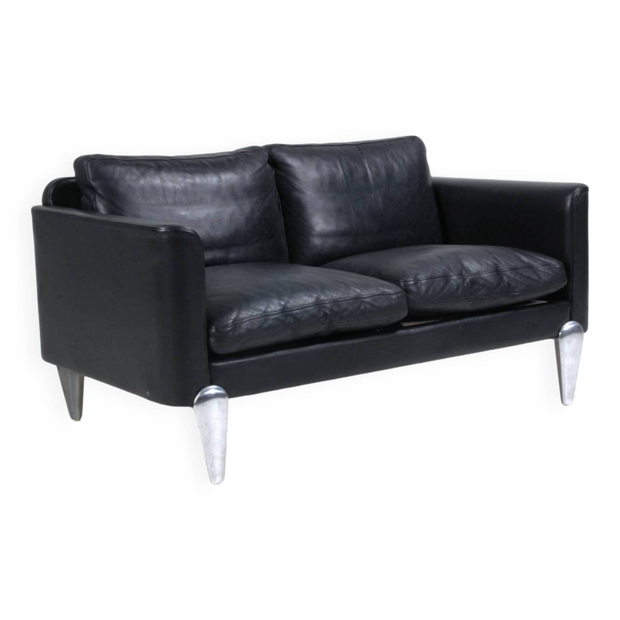 Vintage danish soren holst black leather 2 seater sofa with aluminium legs