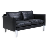 Vintage danish soren holst black leather 2 seater sofa with aluminium legs