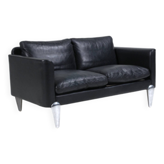 Vintage danish soren holst black leather 2 seater sofa with aluminium legs
