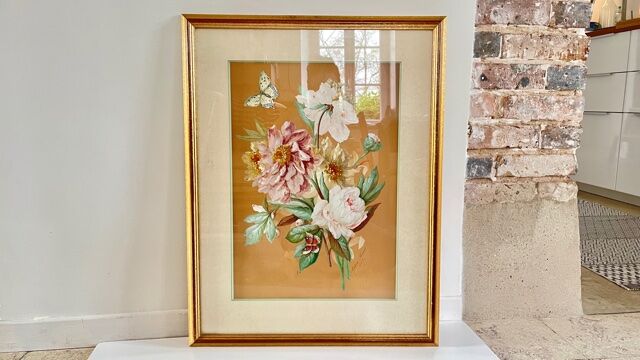 Vintage painting bouquet of peonies with butterflies 1890