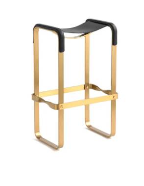 Pair of blue metal and brass stools without a backrest.