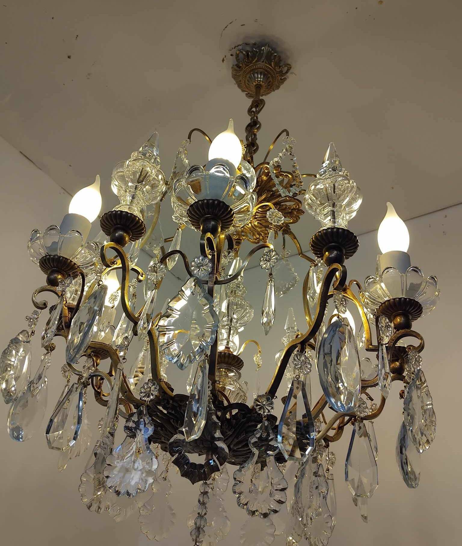 Cage chandelier with 6 light arms and crystal dagger, late 19th century
