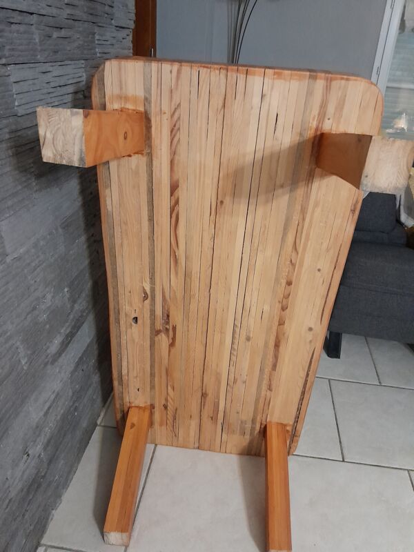 Table basse pin pieds compas vintage années 70-80