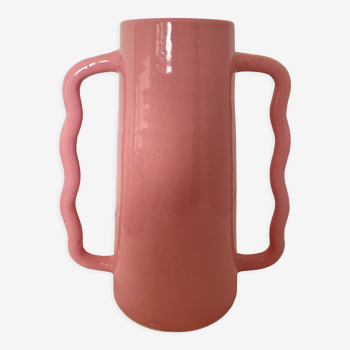 Handmade abstract pink ceramic vase with wavy handmade handmade