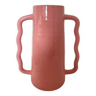 Handmade abstract pink ceramic vase with wavy handmade handmade