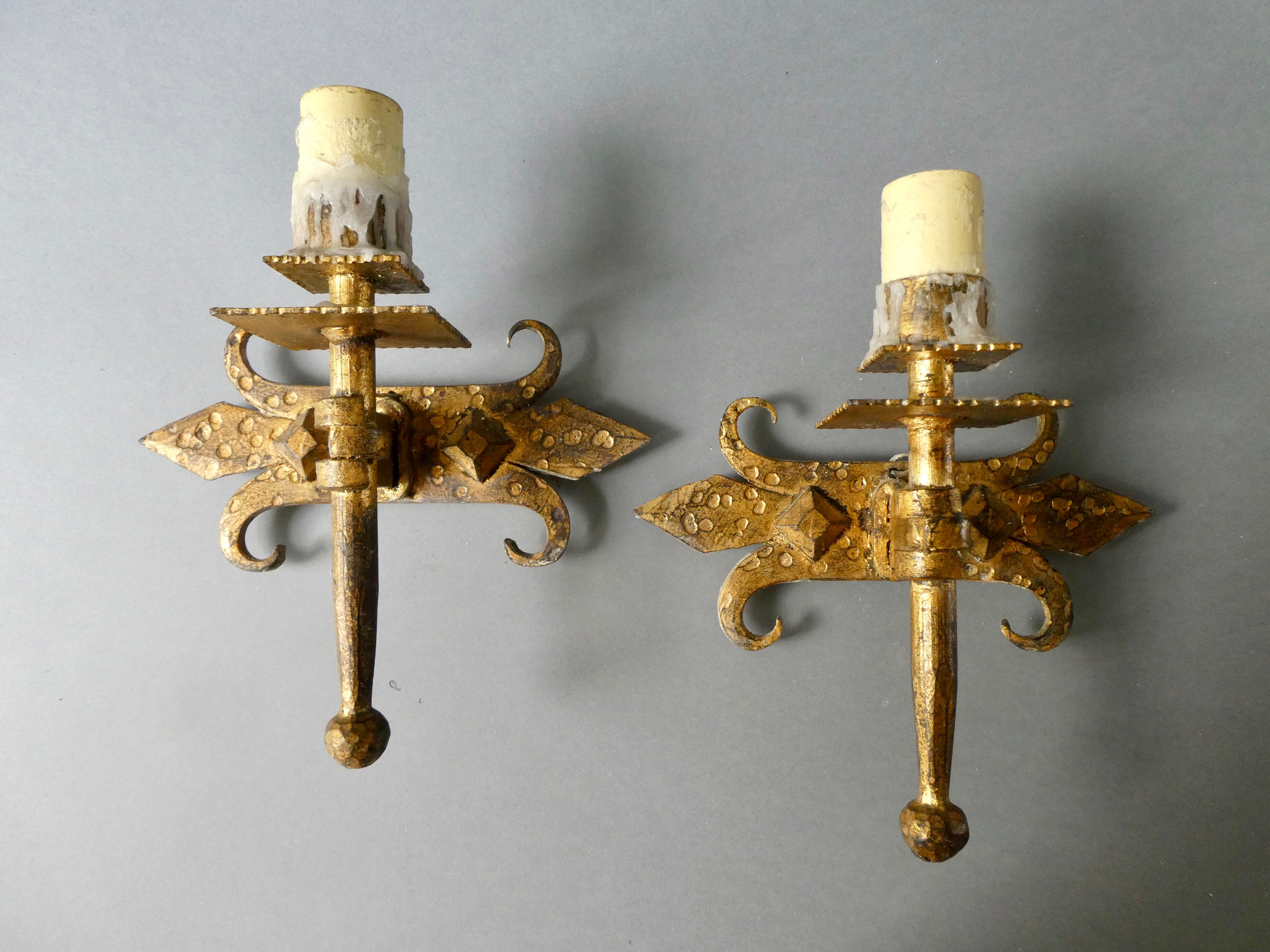 Pair of gold metal wall lamps Ferro Arte, 60s-70s