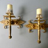 Pair of gold metal wall lamps Ferro Arte, 60s-70s