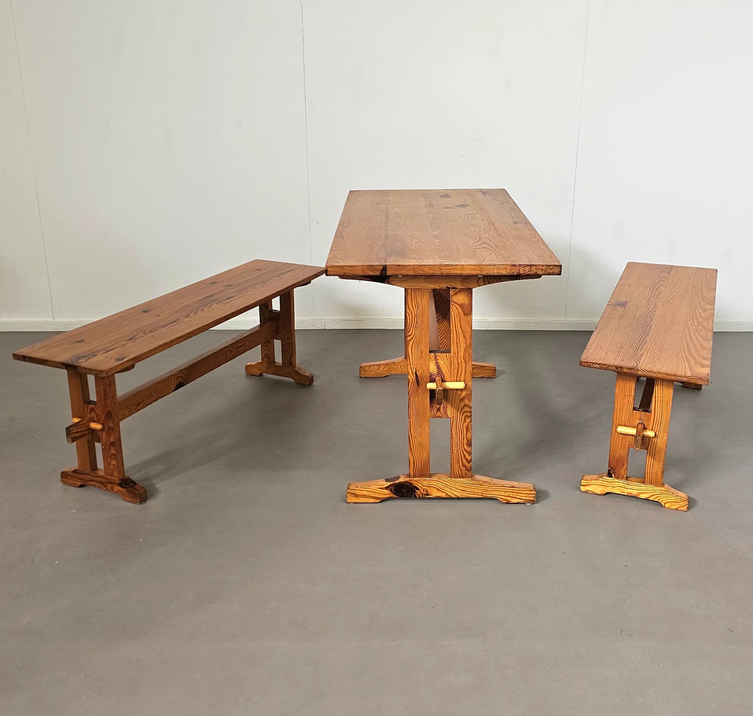 Scandinavian modern solid pinewood benches and dining table, 1970s