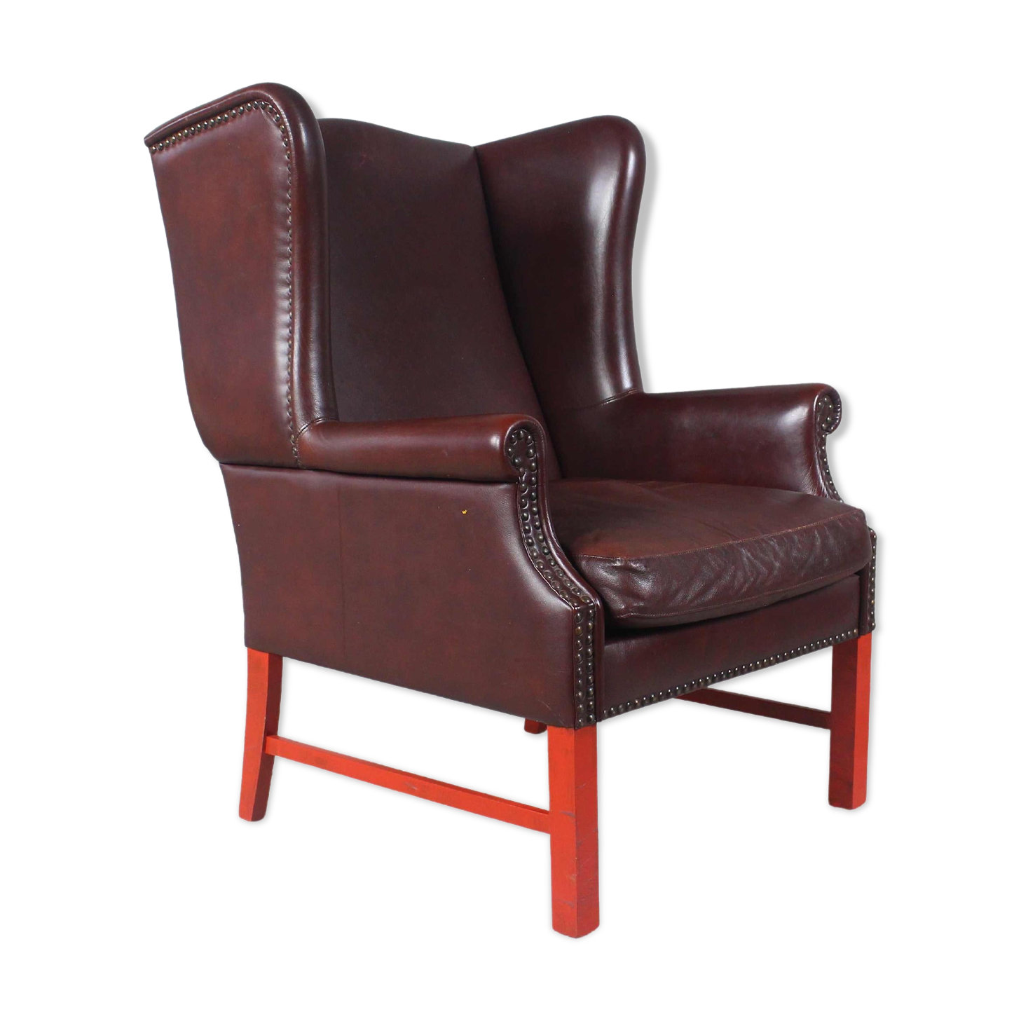 English Georgian Style Brown Leather Wingback Armchair