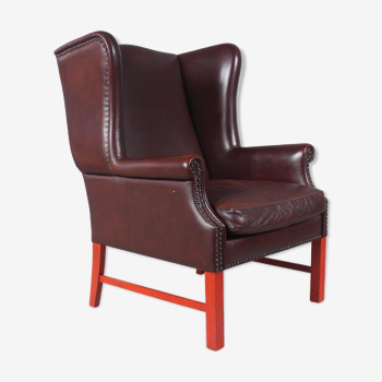 English Georgian Style Brown Leather Wingback Armchair