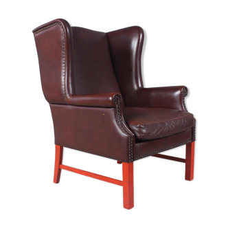English Georgian Style Brown Leather Wingback Armchair
