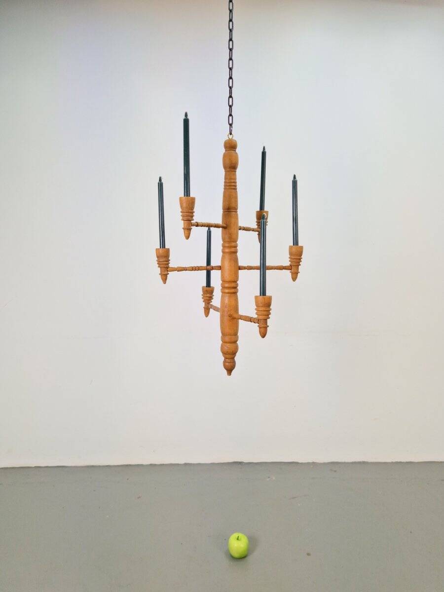 Brutalist Twisted Spool Candle Chandelier in Wood, 1960s