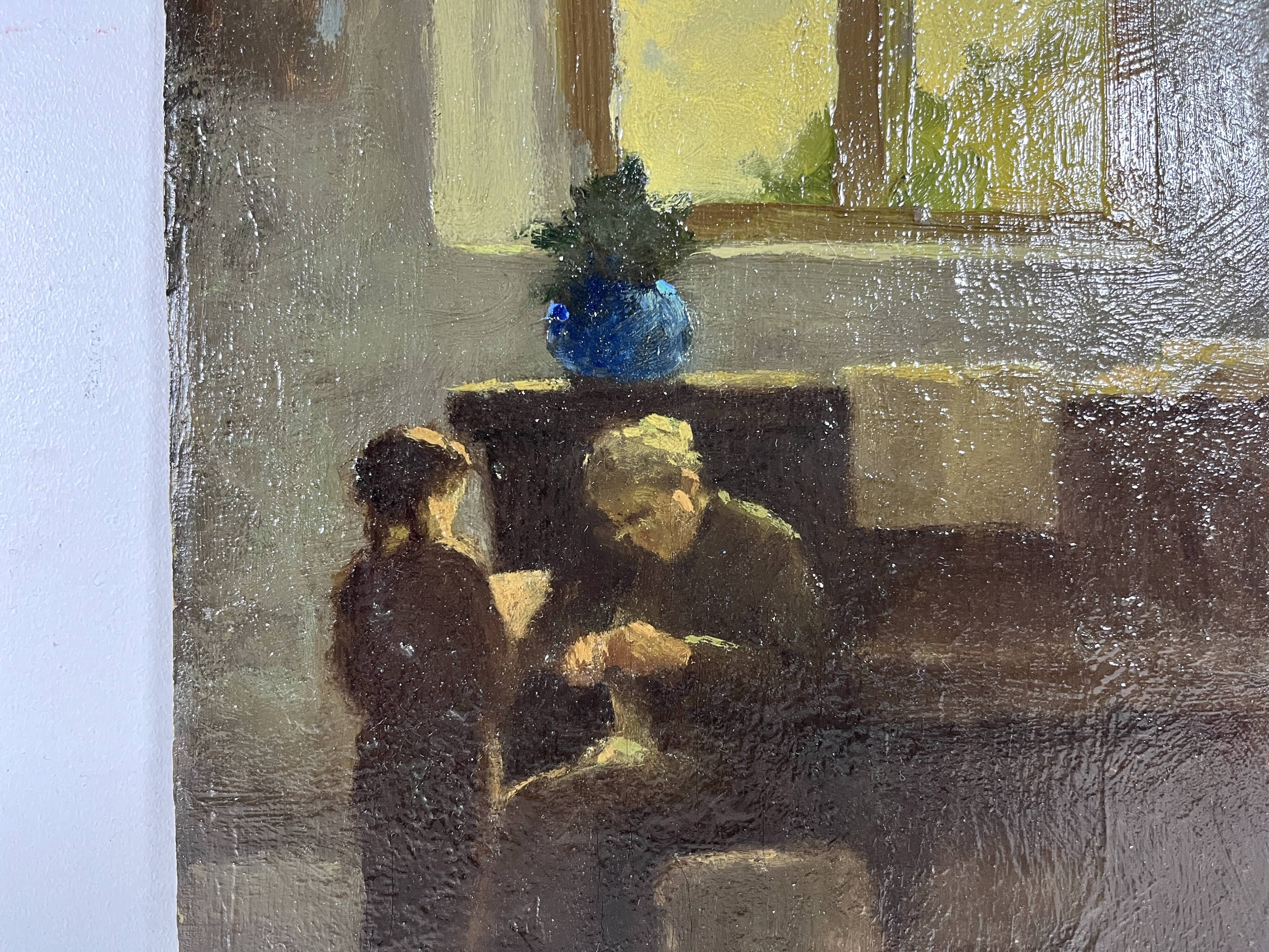 Huile sur panneau d'une scène d'intérieur 1920, tableau scène de genre