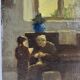 Huile sur panneau d'une scène d'intérieur 1920, tableau scène de genre