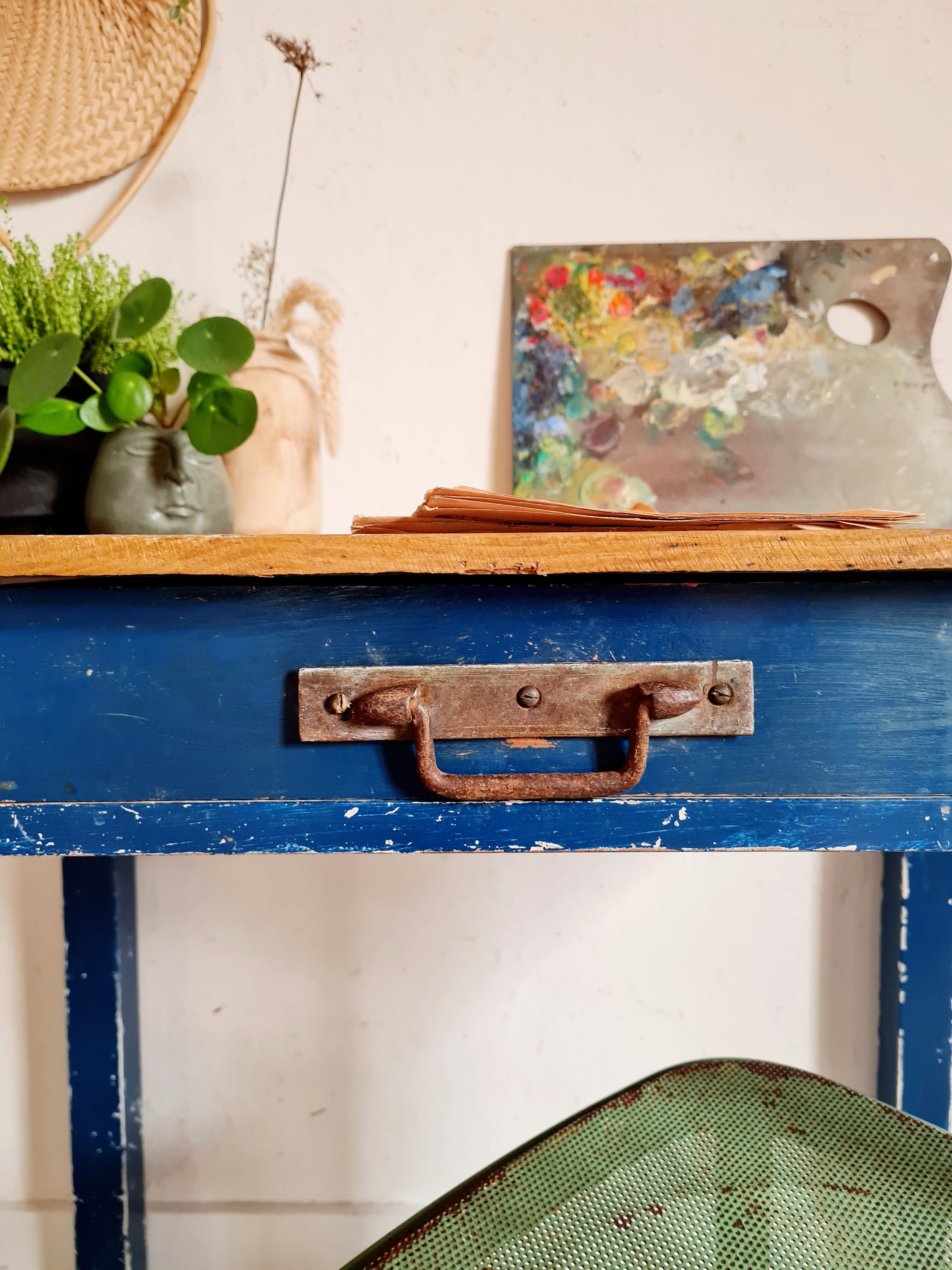 Ancient blue pie wooden workshop table