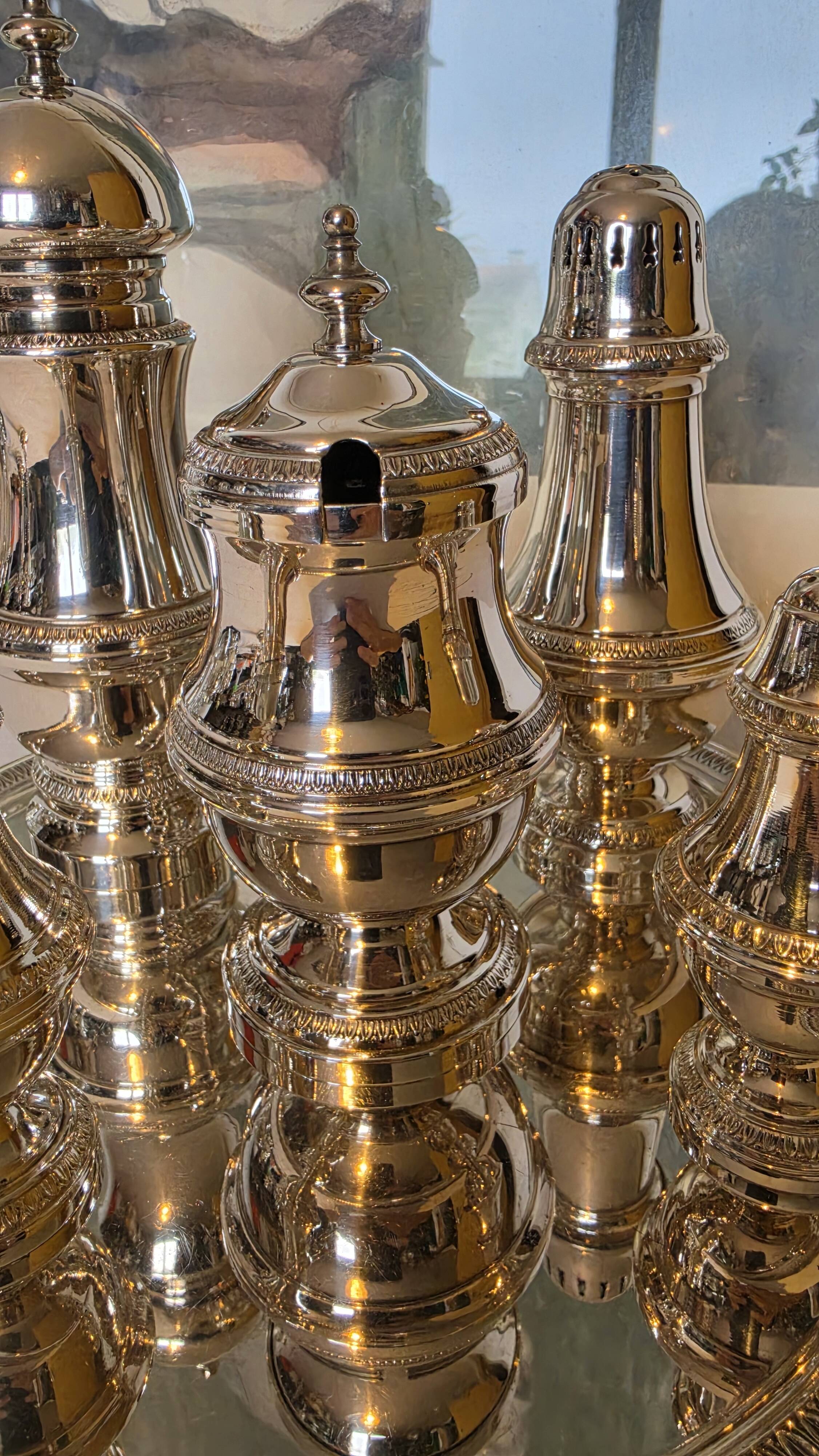 Exclusive 6-piece silver-plated spice service, classic Georgian style.
