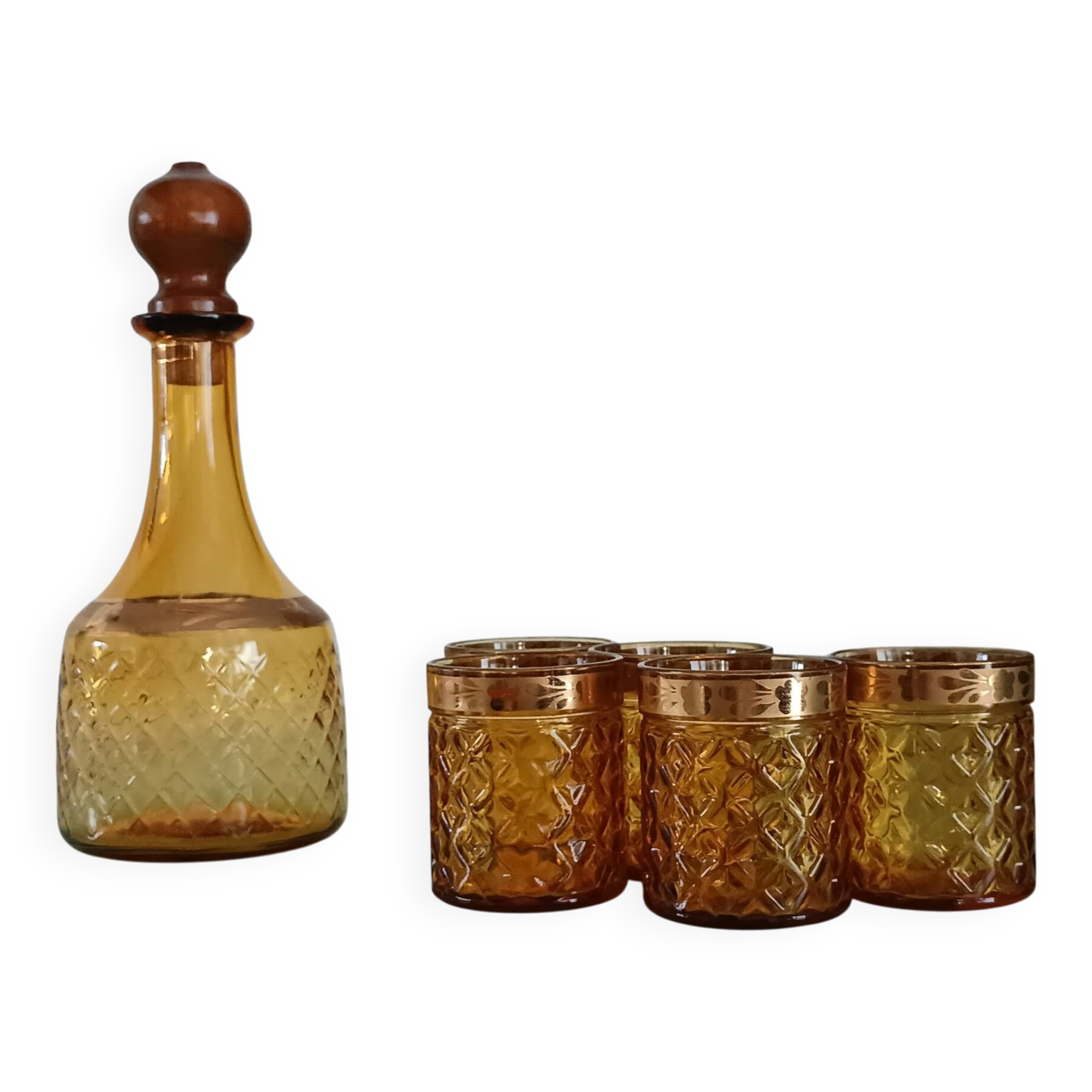Vintage Bormioli Rocco service – carafe and 5 amber glasses