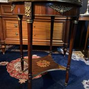 Bouillotte table pedestal table with marquetry decoration and bronze ornaments in the Louis style