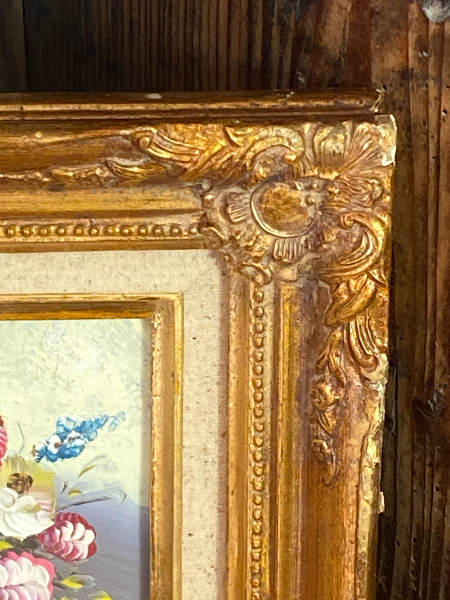 Still life, painting on hardboard, wooden and stucco frame.