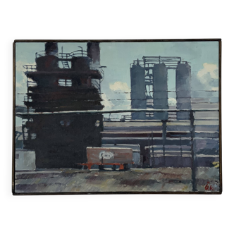 Peinture à l'huile vintage Paysage industriel signée ÖRJAN WALLERT (1949)