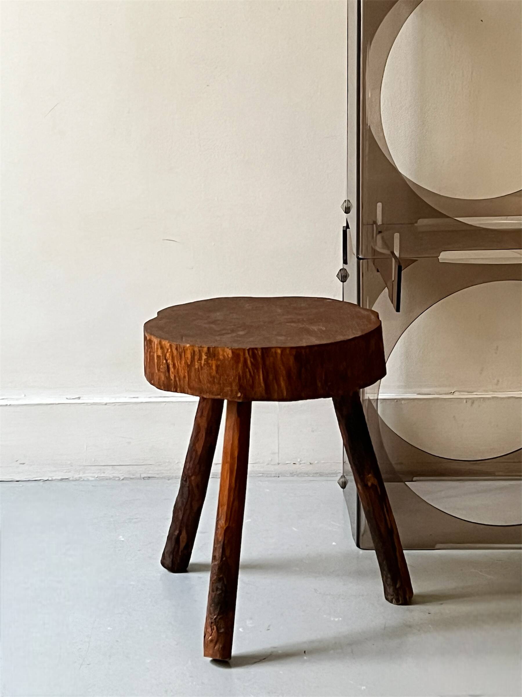 brutalist solid wood tripod stool, France circa 1960