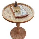 Vintage Round Solid Wood Side Table, French Retro Style, Moroccan Carvings Accent Corner Table
