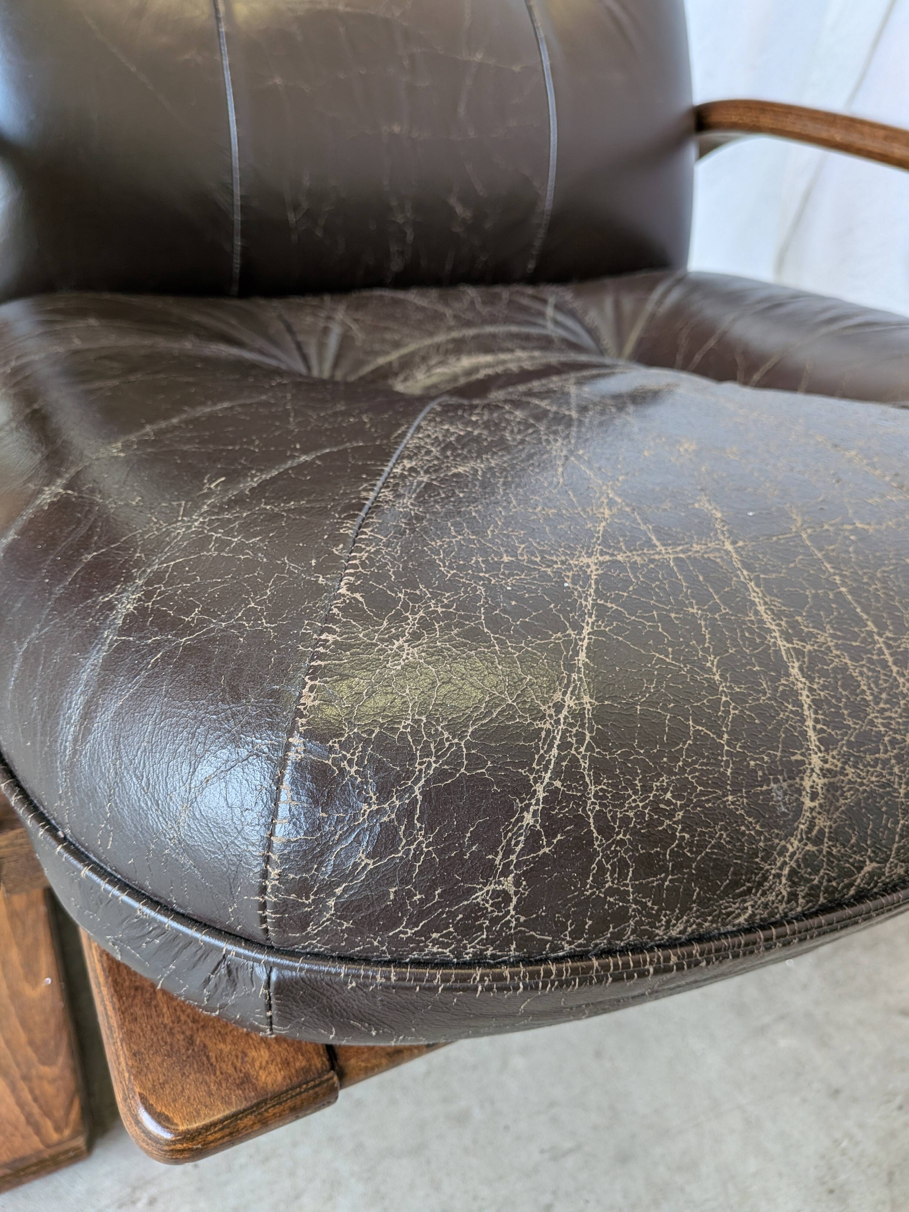 Vintage Panther Lounge Chair with Ottoman / Brown Leather Recliner Armchair