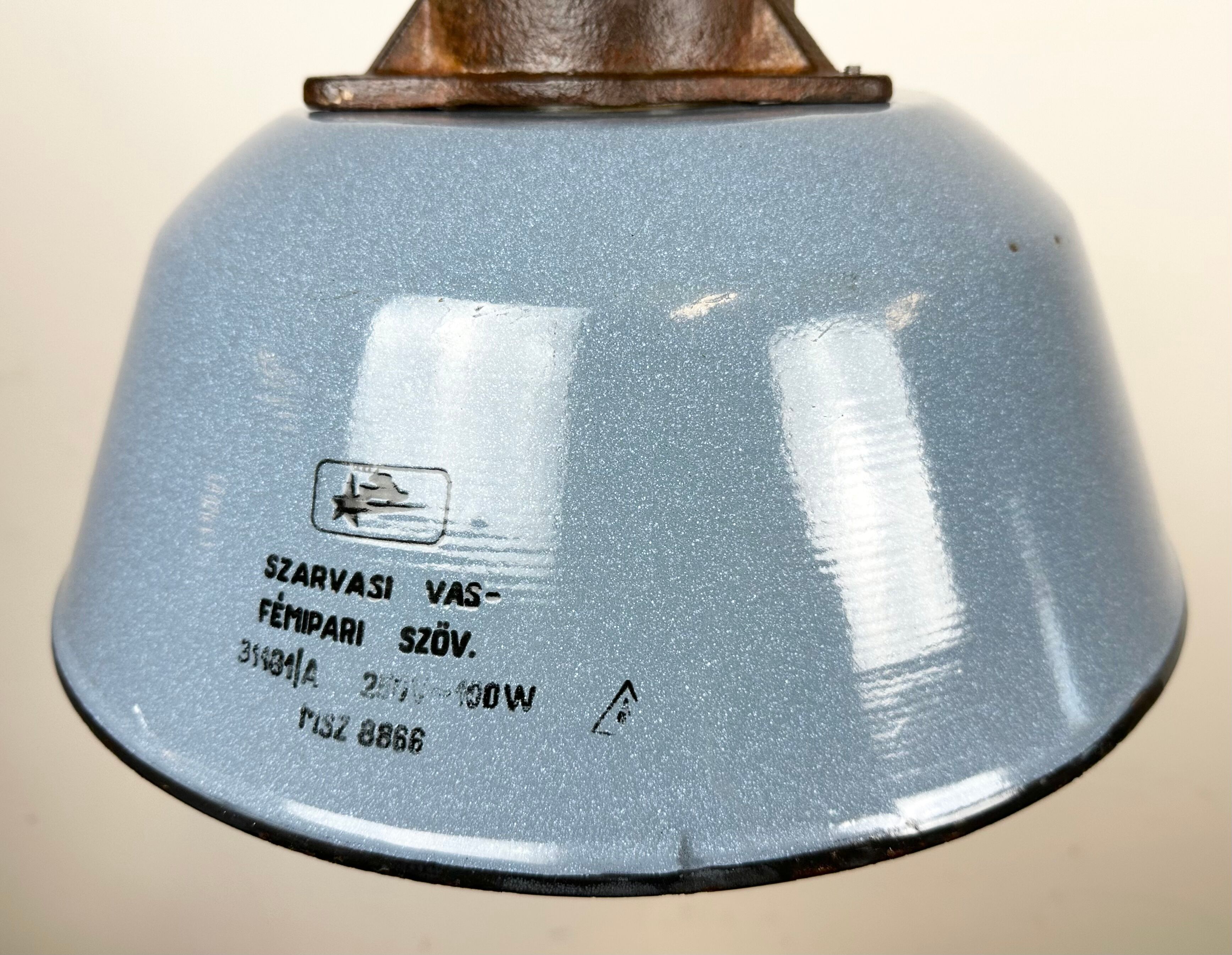 Industrial Grey Enamel and Cast Iron Pendant Light with Glass Cover, 1960s