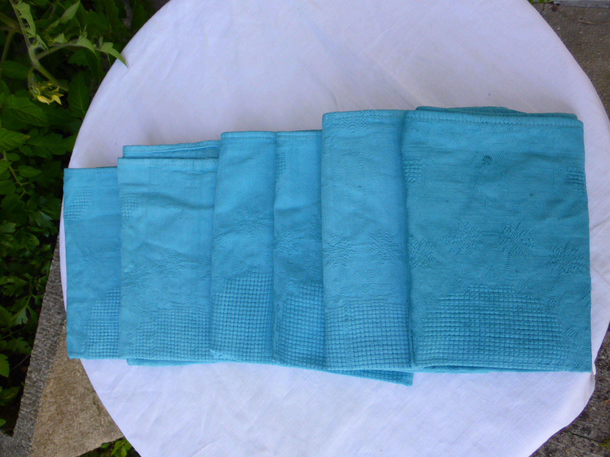 6 damask cotton towels, blue hue, woven, art deco