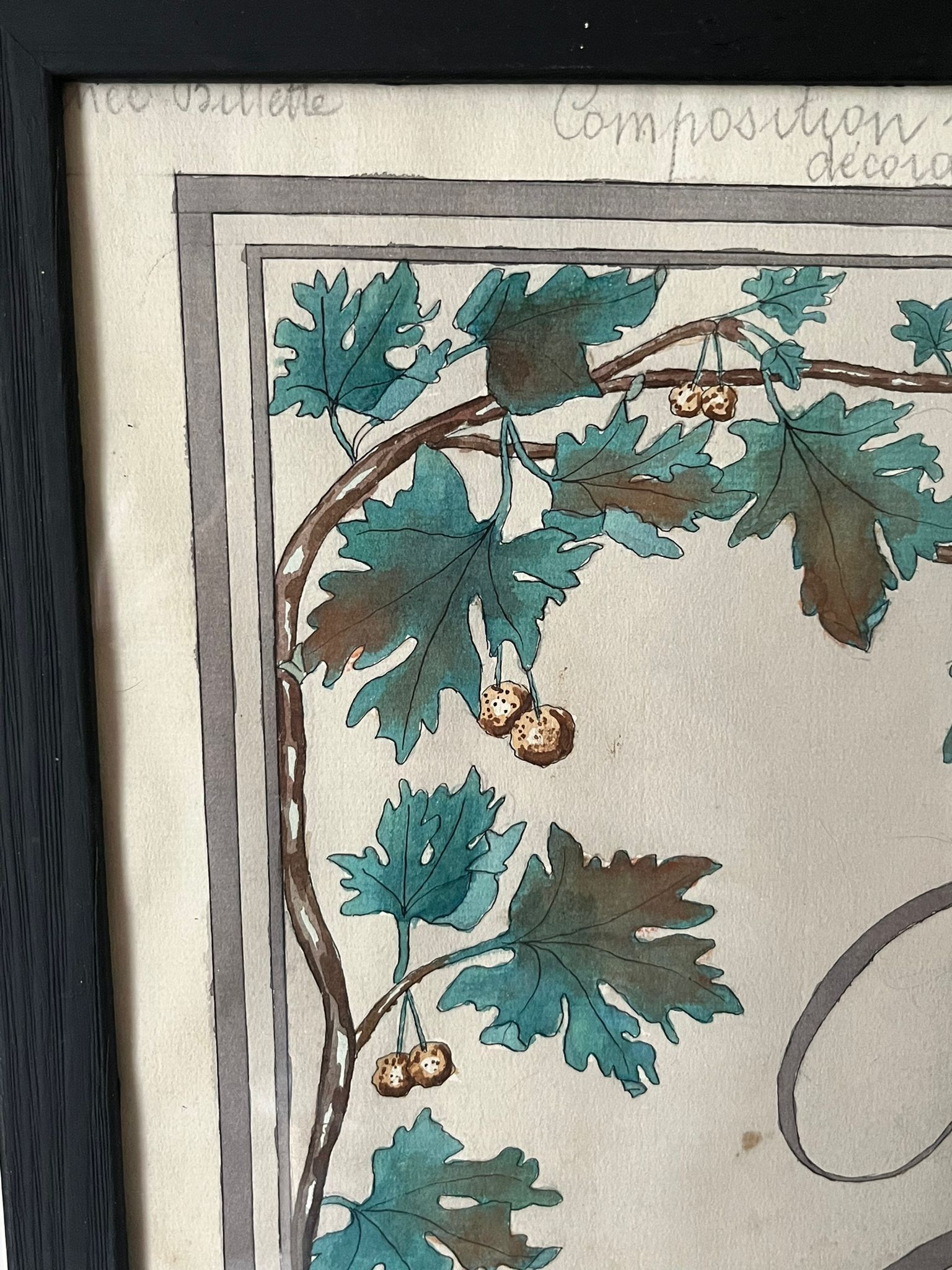Watercolor decorated with leaves made by Renée Billette in 1912