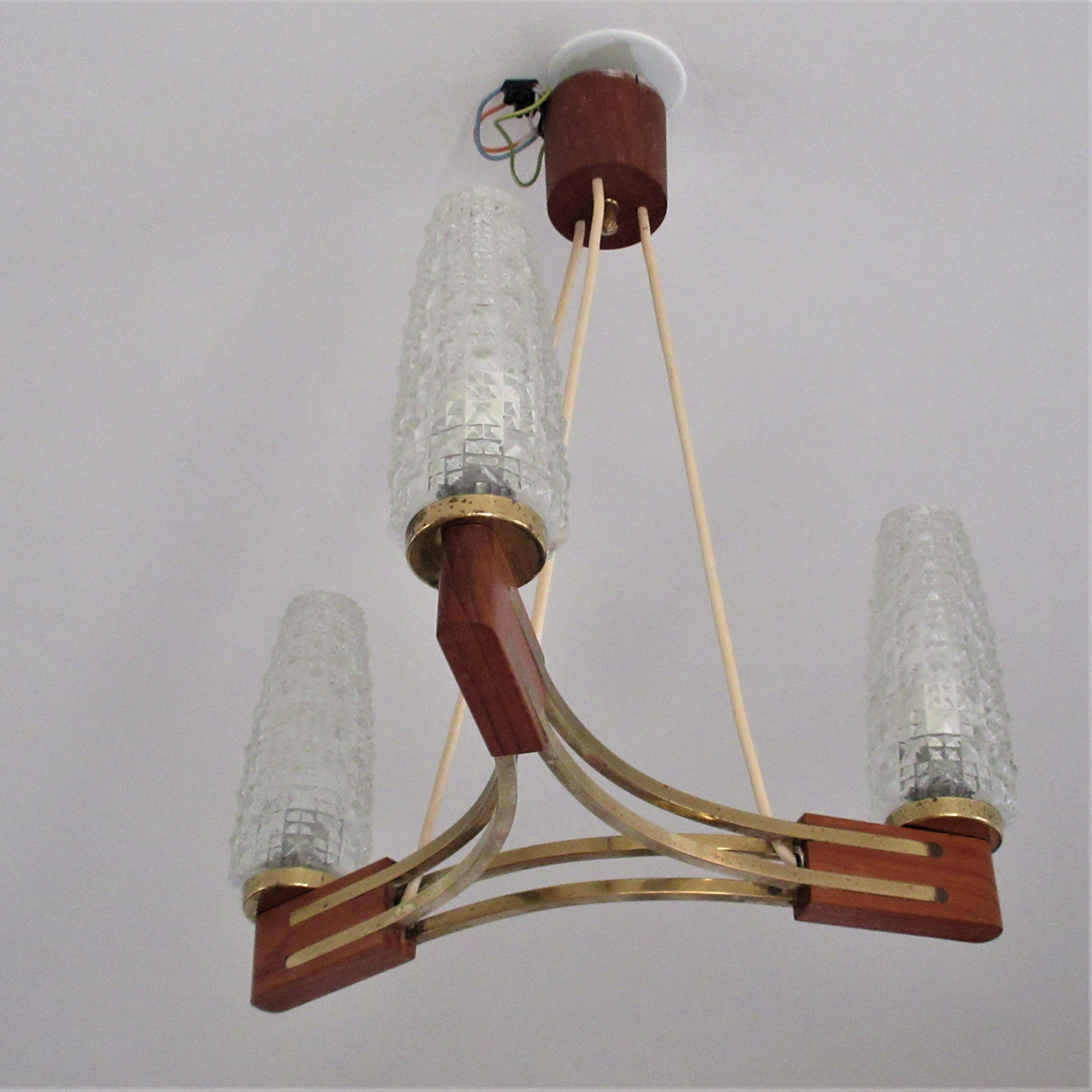 Set of 3-branched chandelier wood/brass/glass, 50-60s