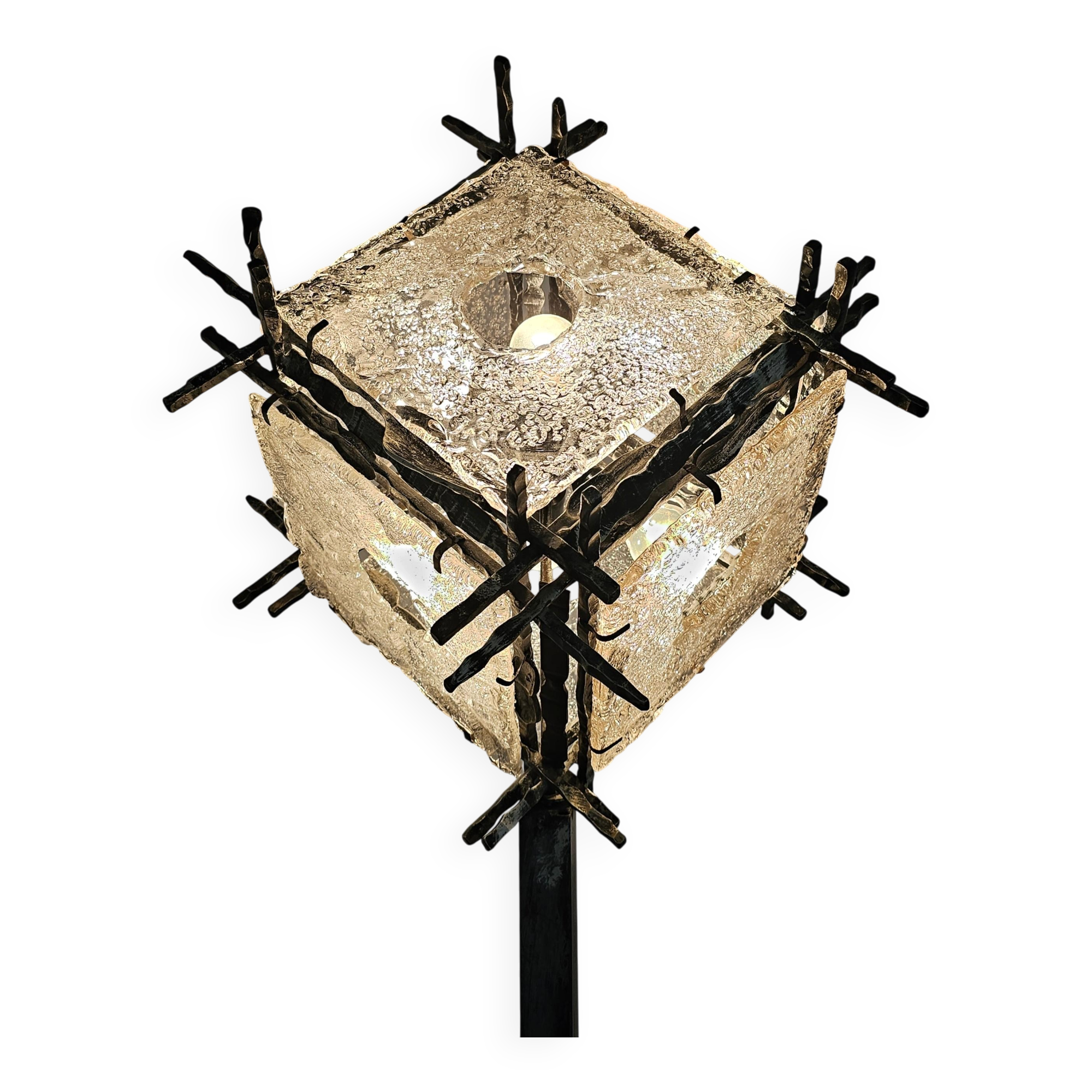 Brutalist floor lamp with Murano glass panels by Longobard.