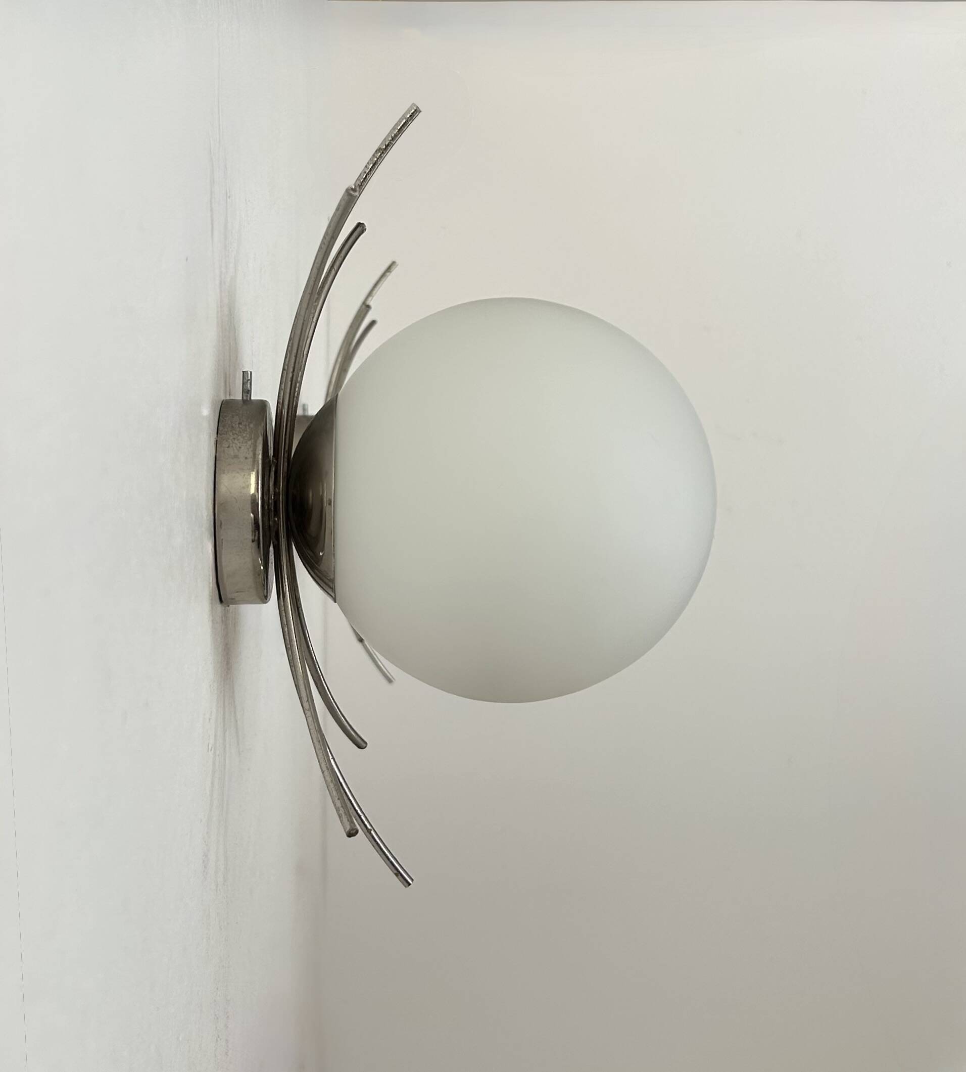 Pair of vintage wall lights, chrome and opaline, France, 1970