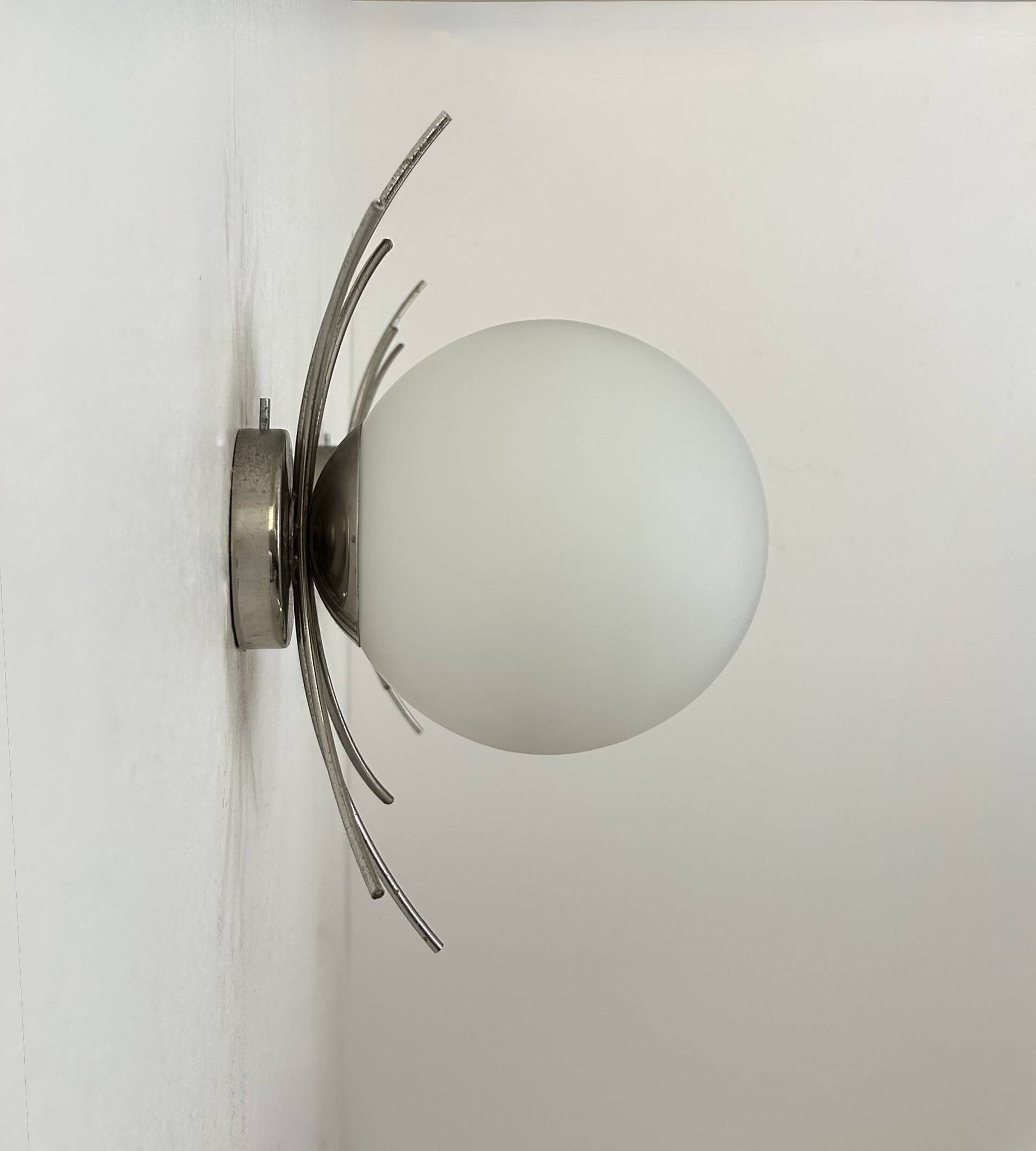 Pair of vintage wall lights, chrome and opaline, France, 1970