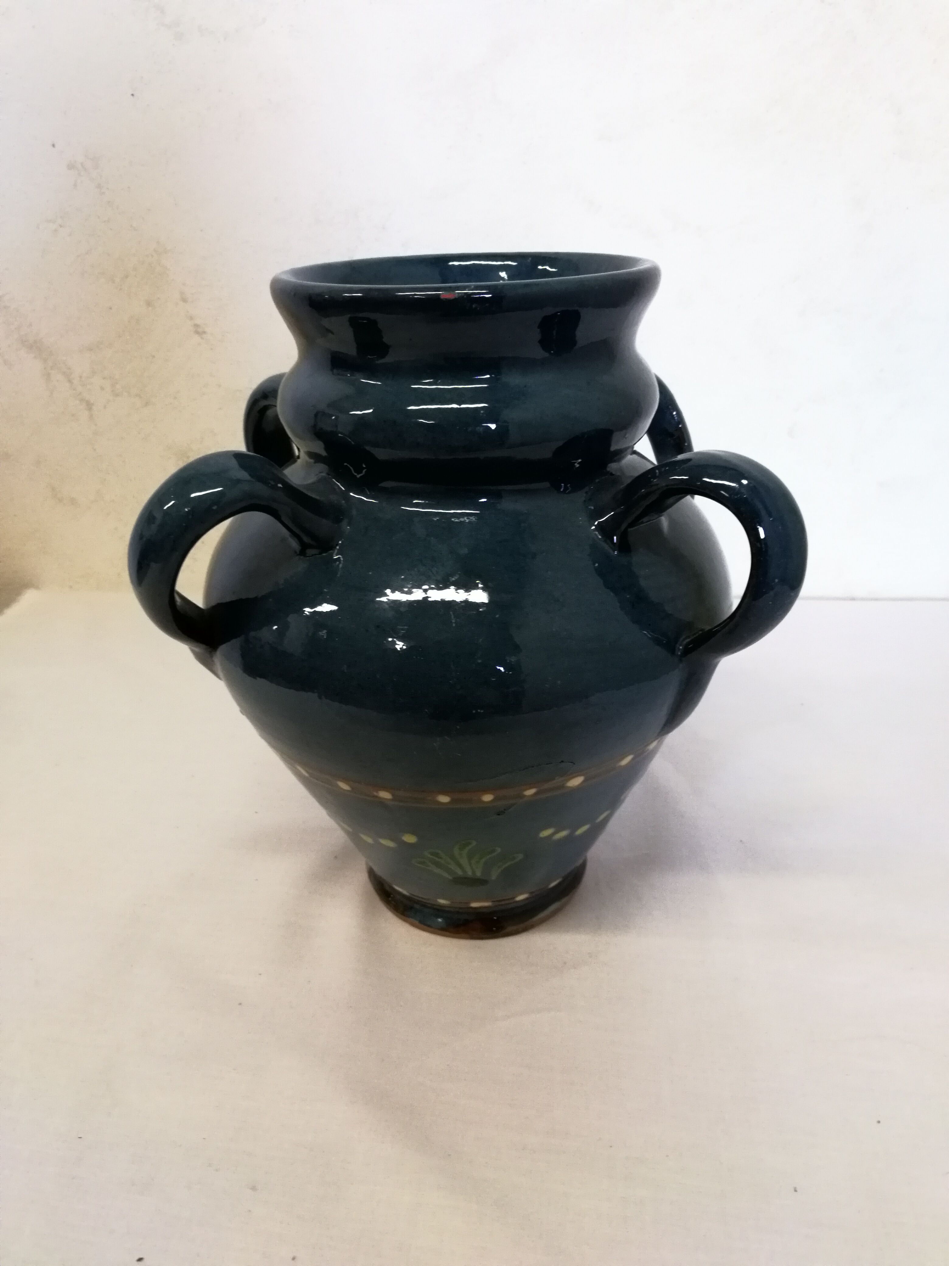 Vase,varnished stoneware pot with 4 handles