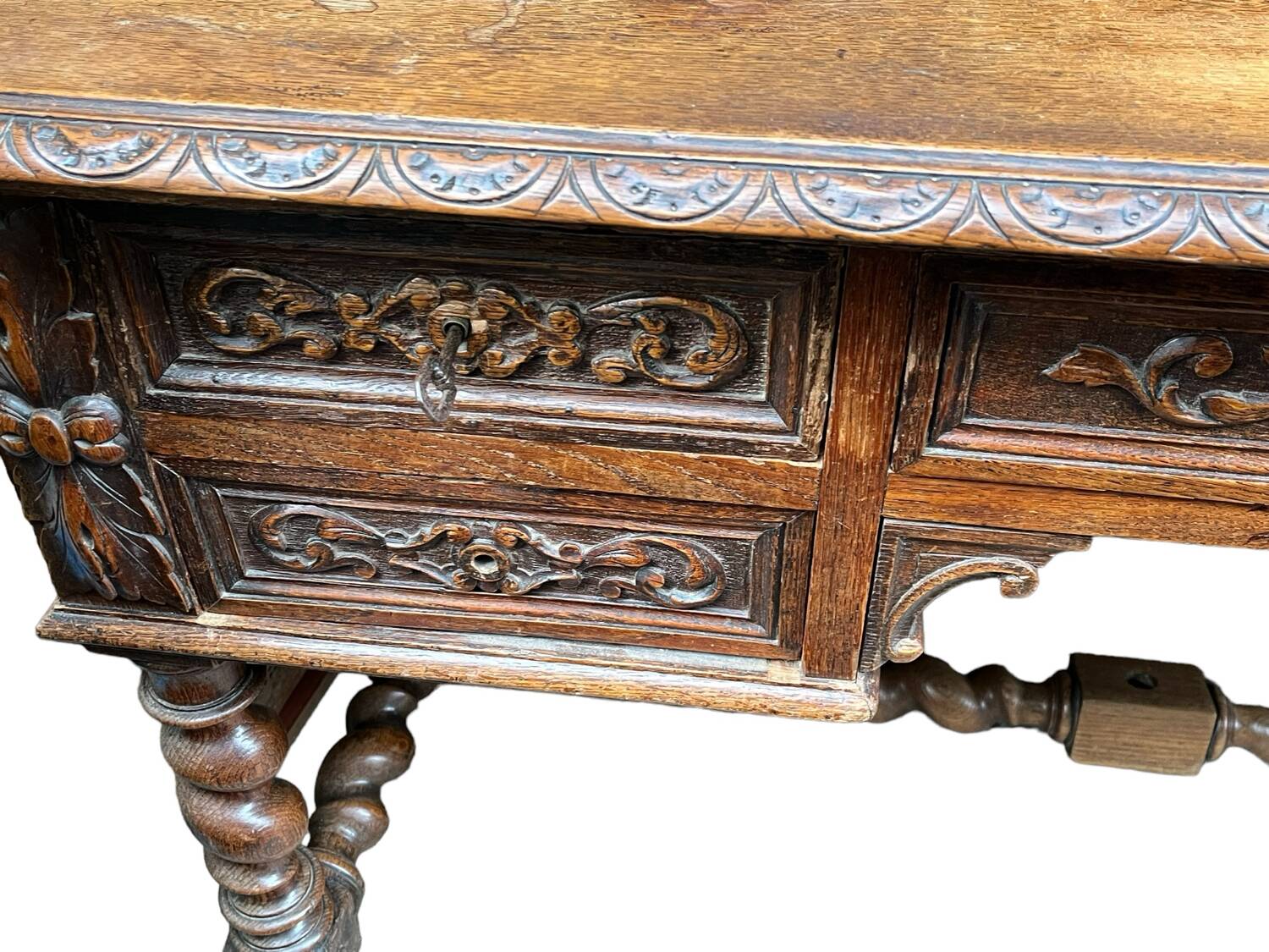 Desk with tiered secret drawer in solid oak Louis XIII