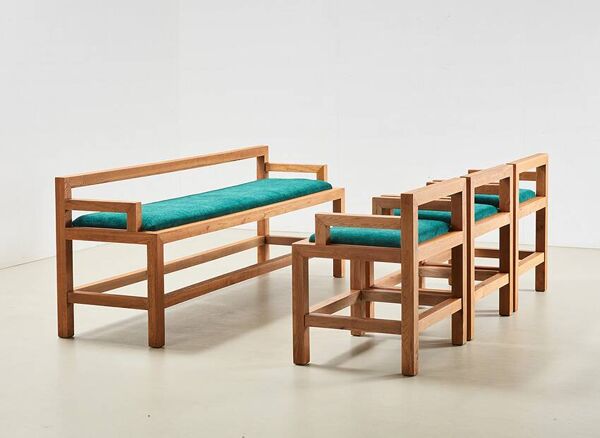 3 chaises de salle à manger & banc en chêne, Pays-Bas, années 1980.