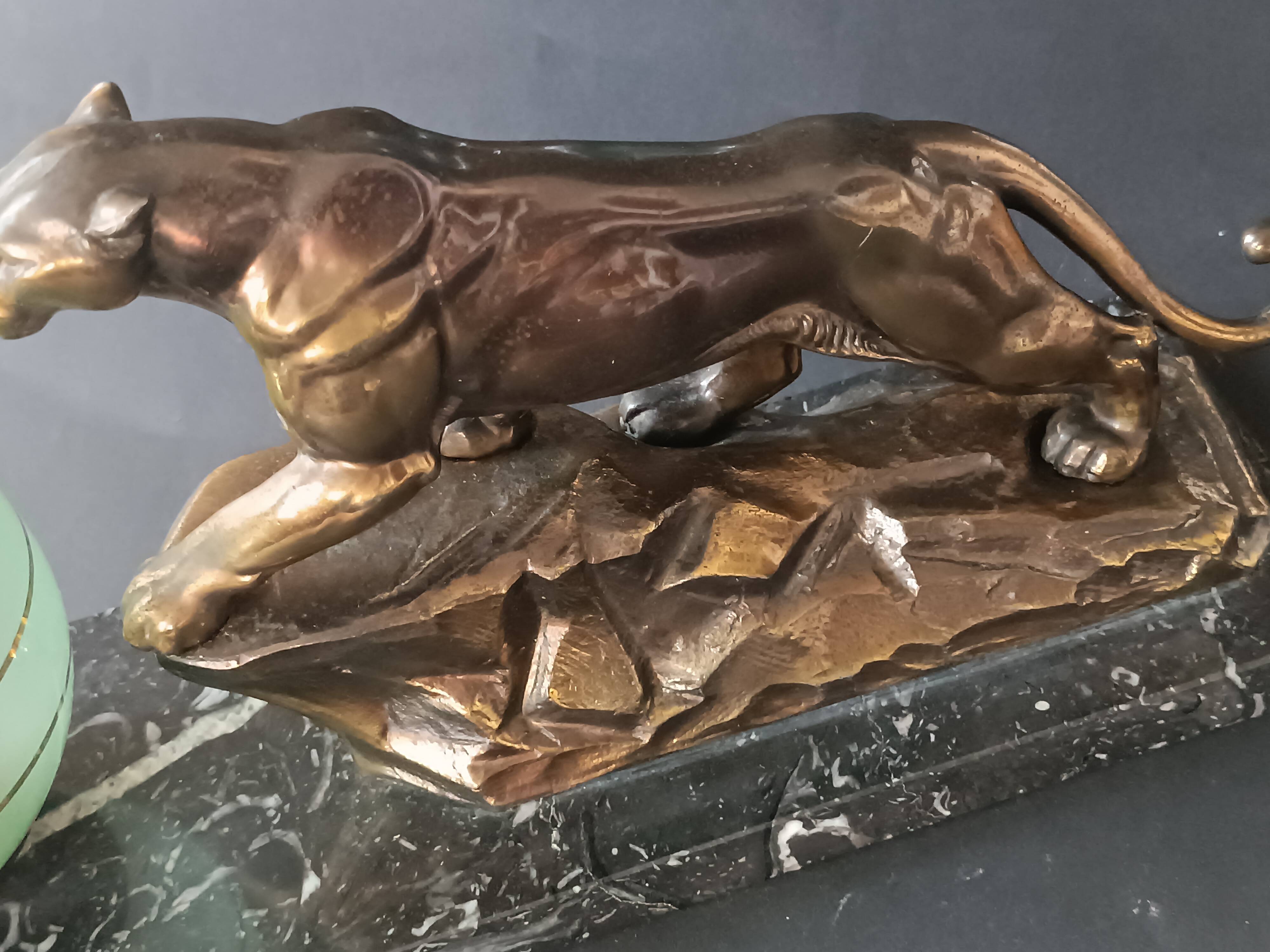 Panther desk lamp in spelter on a black and white marble base 1925