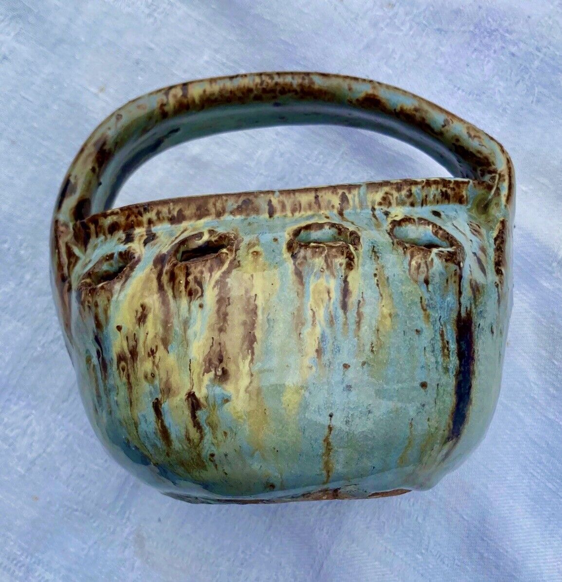 Glazed stoneware flower basket, signed Cécile Dein