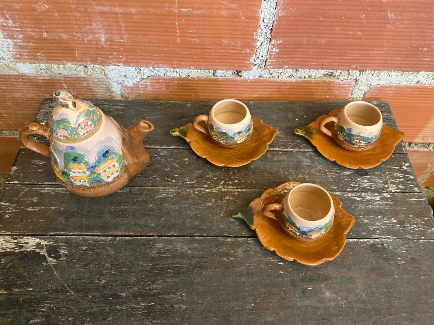 Teapot + 3 Antique Glazed Terracotta Cups Landscape Decor Vintage