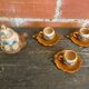 Théière + 3 Tasses Anciennes Terre Cuite Émaillée Décor Paysage Vintag