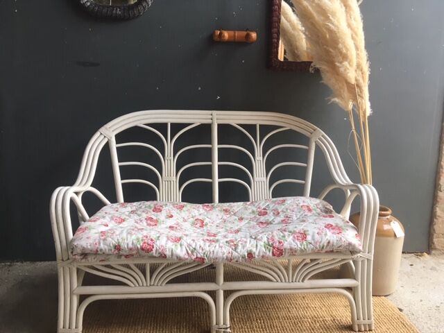White vintage rattan bench
